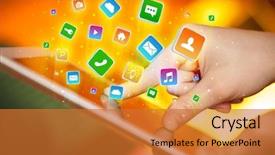  Presentation with flying - Beautiful theme featuring emerging technologies - businessman hand using tablet backdrop and a  colored foreground