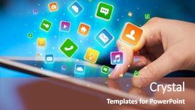  Presentation with tablets wood table tablet white - Presentation design consisting of emerging technologies - businessman hand using tablet background and a  colored foreground