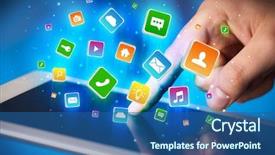  Presentation with flying - Audience pleasing slides consisting of emerging technologies - businessman hand using tablet backdrop and a  colored foreground