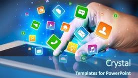  Presentation with tablets wood table tablet white - PPT theme having emerging technologies - businessman hand using tablet background and a  colored foreground