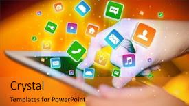  Presentation with people hold hand around globe - Cool new slide deck with emerging technologies - businessman hand using tablet backdrop and a gold colored foreground