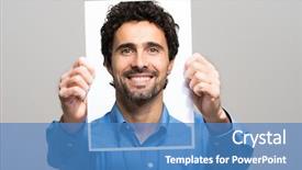  Presentation with gold man smile - Slides featuring emoticon guys - portrait of a man holding background and a teal colored foreground