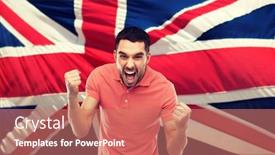  Presentation with aggression - PPT theme with emotion aggression patriotism gesture and people concept - angry young man showing fists and shouting over brittish flag background and a coral colored foreground
