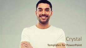  Presentation with young happy people smiling - Cool new slides with emotion and people concept - happy smiling young man with crossed arms over gray background backdrop and a soft green colored foreground