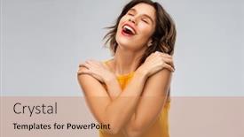  Presentation with mustard yellow - Presentation consisting of emotion expression and happiness concept - happy grateful young woman in mustard yellow top over grey background background and a gold colored foreground