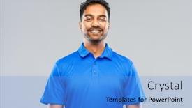  Presentation with emotion - Cool new PPT layouts with emotion expression and people concept - smiling indian man in blue polo shirt over gray background backdrop and a light blue colored foreground