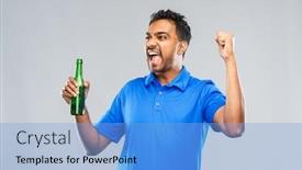  Presentation with beer bottle - Amazing presentation theme having emotion expression and success concept - happy indian man or sports fan beer bottle celebrating victory over grey background backdrop and a light blue colored foreground