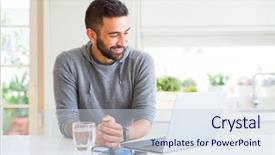  Presentation with working - Cool new PPT theme with emotion nature - handsome hispanic man working using backdrop and a sky blue colored foreground