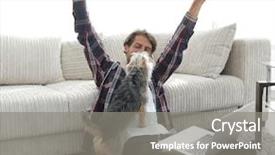  Presentation with man looking up happy - Slides with emotion satisfaction - happy young man exults background and a gray colored foreground