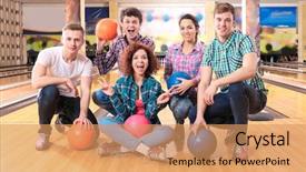 Presentation with bowling - Cool new theme with emotion strik - happy friends posing in bowling backdrop and a coral colored foreground