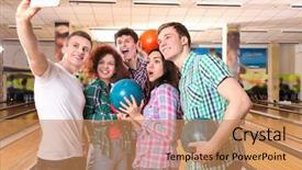  Presentation with bowling - Slide deck enhanced with emotion strik - happy friends taking selfie background and a coral colored foreground