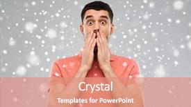  Presentation with white snow - Slides having emotion winter christmas and people concept - scared man in white t-shirt over snow on gray background background and a coral colored foreground