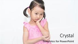  Presentation with little asian girl receiving vaccination - Presentation theme with emotional abuse - asian sad girl looking up background and a white colored foreground