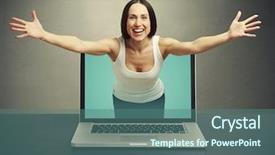  Presentation with laptop - PPT layouts with emotional connection - laughing woman come background and a  colored foreground