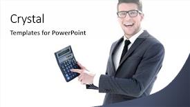  Presentation with cost - Presentation design with emotional cost - businessman holds a calculator background and a white colored foreground