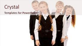  Presentation with five business people standing together and smiling - Audience pleasing theme consisting of emotional intelligence - group of cheerful schoolchildren standing backdrop and a lemonade colored foreground