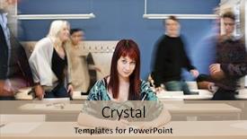  Presentation with emotional intelligence - Slide set enhanced with emotional intelligence - working girl among moving pupils background and a coral colored foreground