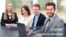  Presentation with office workers - Colorful presentation design enhanced with emotional leadership - elegant co-workers looking at camera backdrop and a ocean colored foreground