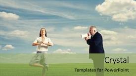  Presentation with man and woman - Audience pleasing PPT theme consisting of emotional man screaming at calm backdrop and a yellow colored foreground