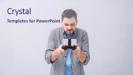  Presentation with video game - Colorful PPT theme enhanced with emotional man with video game backdrop and a sky blue colored foreground