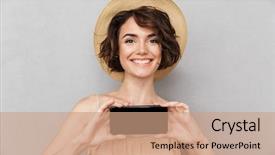  Presentation with close up of young girls - Slide set consisting of mobile phone isolated over gray background and a coral colored foreground