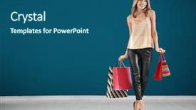  Presentation with woman pushing shopping trolley - Amazing PPT theme having consumer trends - happy young woman with shopping backdrop and a ocean colored foreground