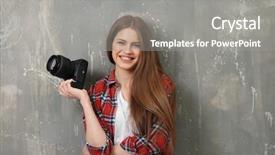  Presentation with grungy white concrete wall - PPT theme having emotional memory - beautiful young photographer near grunge background and a gray colored foreground