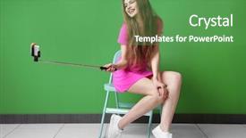  Presentation with selfie - Amazing presentation design having emotional memory - beautiful young woman taking selfie backdrop and a ocean colored foreground