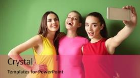  Presentation with selfie - Presentation design with emotional memory - funny young women taking selfie background and a red colored foreground