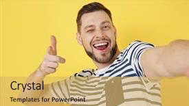  Presentation with selfie - Presentation with emotional memory - handsome young man taking selfie background and a yellow colored foreground