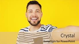  Presentation with children and turn taking - Slide set with emotional memory - handsome young man taking selfie background and a yellow colored foreground