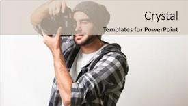  Presentation with light - Amazing presentation design having emotional memory - handsome young photographer on light backdrop and a soft green colored foreground