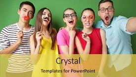  Presentation with decor - Presentation design featuring emotional memory - happy friends with party decor background and a yellow colored foreground