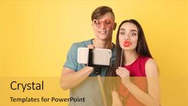  Presentation with young happy couple - Slide set with emotional memory - happy young couple taking selfie background and a yellow colored foreground