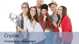  Presentation with selfie - Amazing slide deck having emotional memory - happy young friends taking selfie backdrop and a teal colored foreground