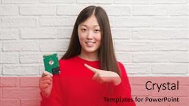  Presentation with brick wall - Slide set consisting of emotional memory - young chinese woman over brick background and a crimson colored foreground