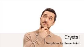  Presentation with blank whiteboard isolated on white - Slide set having emotional memory - young thoughtful man isolated background and a  colored foreground