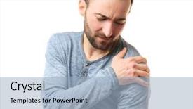  Presentation with shoulder pain - PPT layouts with emotional strain - handsome man suffering from pain background and a  colored foreground