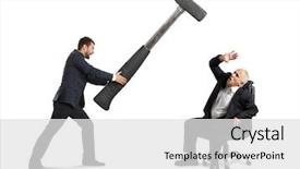  Presentation with law case judge hammer - PPT theme enhanced with emotional strain - young businessman holding big hammer background and a white colored foreground