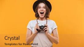  Presentation with tourist - Amazing presentation having emotional young woman photographer tourist backdrop and a gold colored foreground