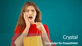  Presentation with woman pushing shopping trolley - Slide deck with emotional young woman with shopping background and a  colored foreground