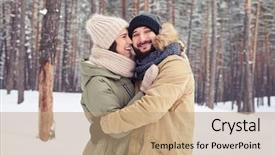  Presentation with movie theater loving couple - Slide set featuring emotionally embracing in the winter background and a coral colored foreground