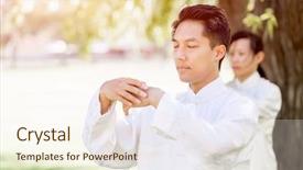  Presentation with president ho chi minh - Amazing slide deck having handsome man practicing thai chi backdrop and a cream colored foreground