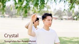  Presentation with thai local language - Beautiful PPT theme featuring emotional spirituality - people practicing thai chi backdrop and a  colored foreground