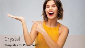  Presentation with mustard yellow - Theme having emotions and people concept - happy smiling young woman in mustard yellow top holding something on empty hand over grey background background and a yellow colored foreground