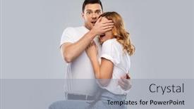  Presentation with emotions - Slide set with emotions and people concept - scared couple in white t-shirts over grey background background and a light gray colored foreground