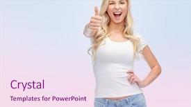  Presentation with serenity - PPT theme with emotions expressions advertisement and people concept - happy smiling young woman or teenage girl in white t-shirt showing thumbs up over rose quartz and serenity gradient background background and a pink colored foreground