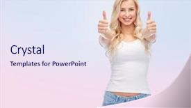  Presentation with serenity - Cool new PPT layouts with emotions expressions advertisement and people concept - happy smiling young woman or teenage girl in white t-shirt showing thumbs up with both hands over rose quartz and serenity gradient background backdrop and a sky blue colored foreground