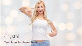  Presentation with emotions - Slides having emotions expressions advertisement and people concept - happy smiling young woman or teenage girl in white t-shirt pointing finger to herself over holidays lights background background and a lemonade colored foreground