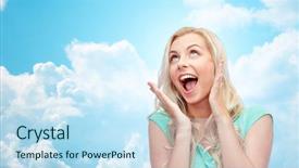  Presentation with emotions - Slide deck consisting of emotions expressions and people concept - surprised smiling young woman or teenage girl over blue sky and clouds background background and a sky blue colored foreground